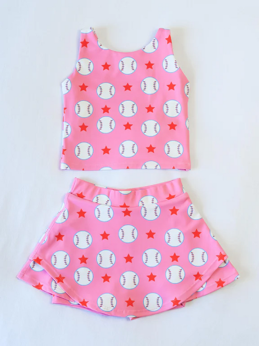 GSD2041Sleeveless Pink Baseball Top and Skirt for Girls, Activewear Clothing Set