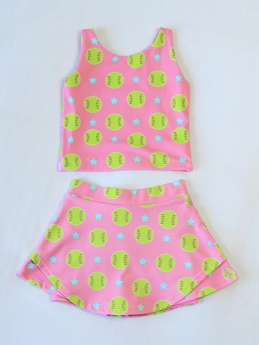 GSD2042Girls' Pink Softball Top Skirt Set Sleeveless Activewear Clothing Outfit for Kids