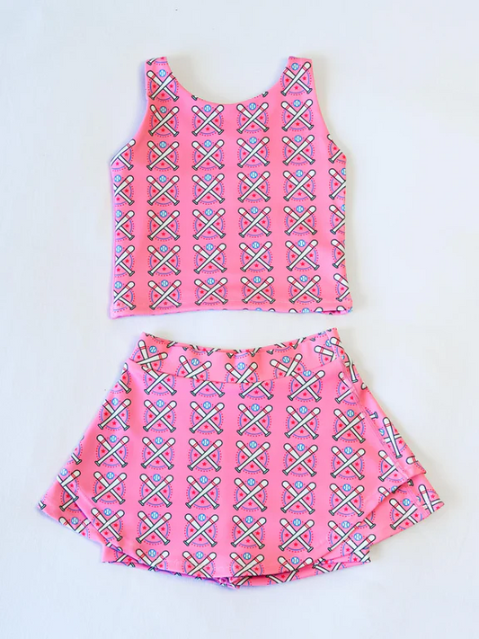 GSD2043Girls Sleeveless Pink Stars Baseball Top Skirt Set Activewear Clothing Outfit for Kids