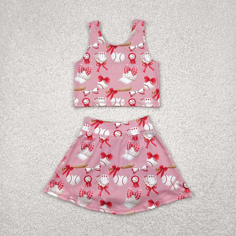 5.16  GSD2044 RTS NO MOQ Baby Girls Yoga Outfits Baby Girls Baseball Bows Athletic Active Wear Top Shorts Skirts Clothes Sets