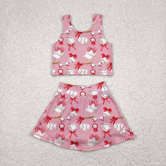 5.16  GSD2044 RTS NO MOQ Baby Girls Yoga Outfits Baby Girls Baseball Bows Athletic Active Wear Top Shorts Skirts Clothes Sets