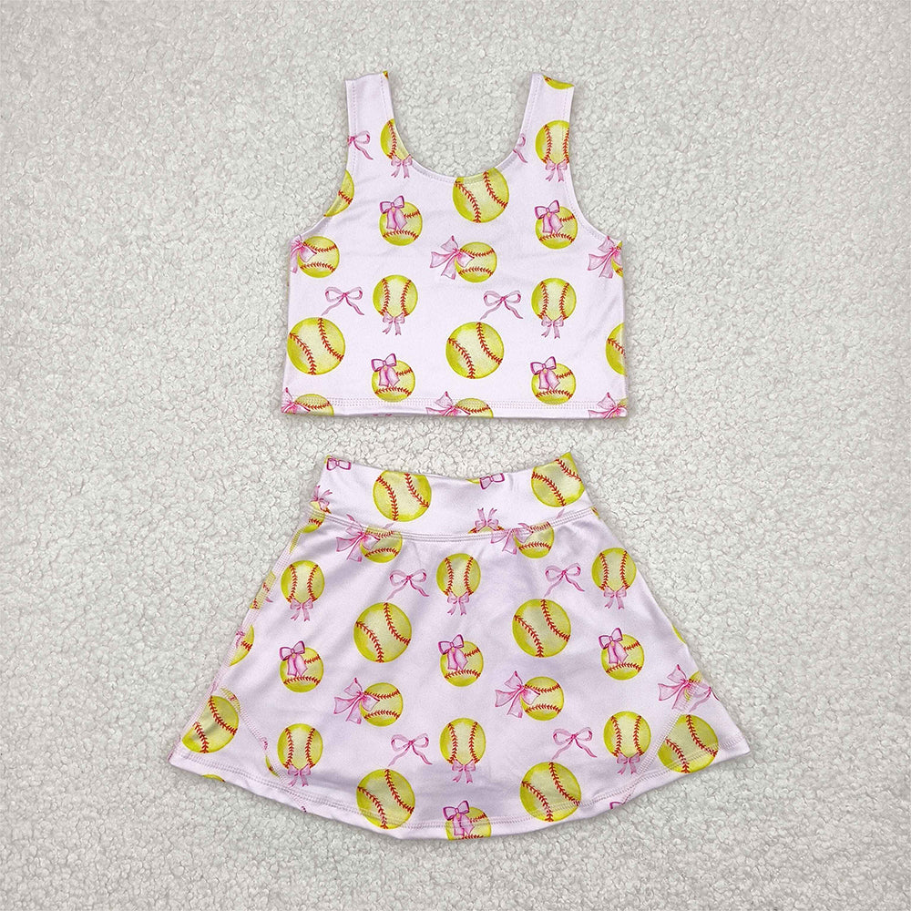 5.16  GSD2045 RTS NO MOQ Baby Girls Yoga Outfits Sleeveless softball bow top skirt girls active wear set