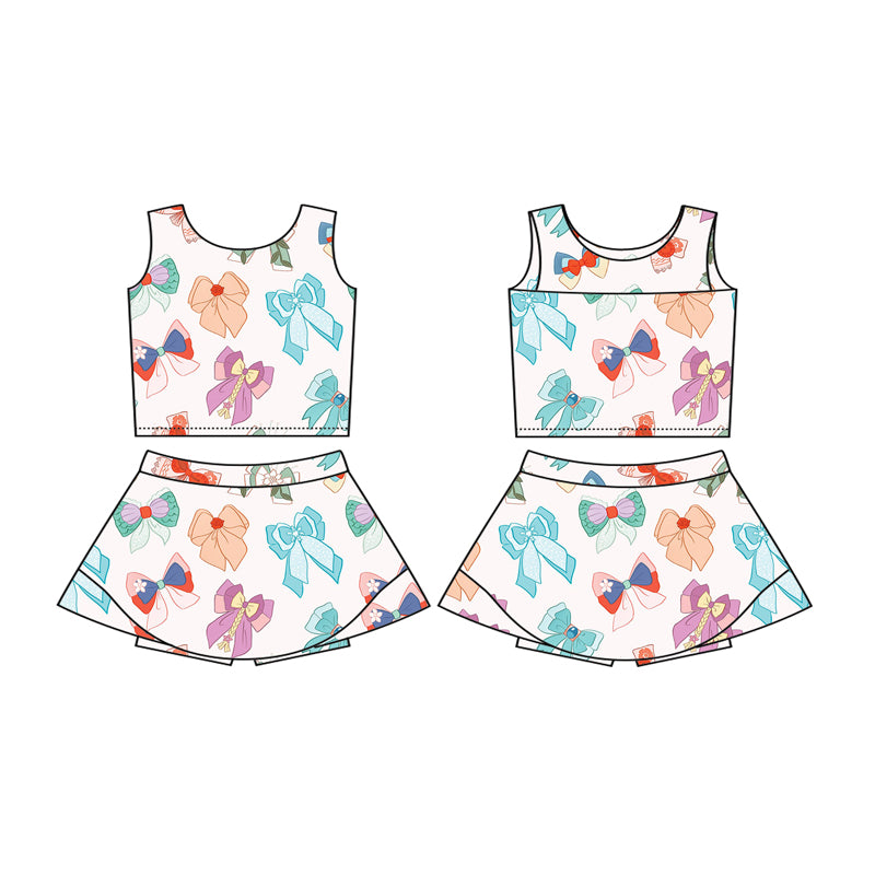 Princess Bow Sleeveless Top Skirt Set Girls Active Wear Outfit Cute Bowtie Detailing Comfortable Lightweight Set for Girls
