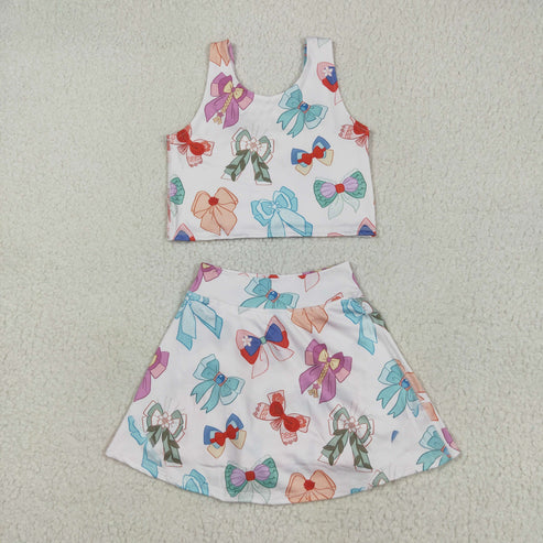10.11 RTS Sibling Baby Girls Flowers Bows Sleeveless Vest Yoga Athletic Skorts Sets