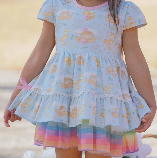 GSD2050Kids Girls Short Sleeve Dress Lion Giraffe Stripe Ruffle Design Comfortable Cotton Casual Dresses for Girls