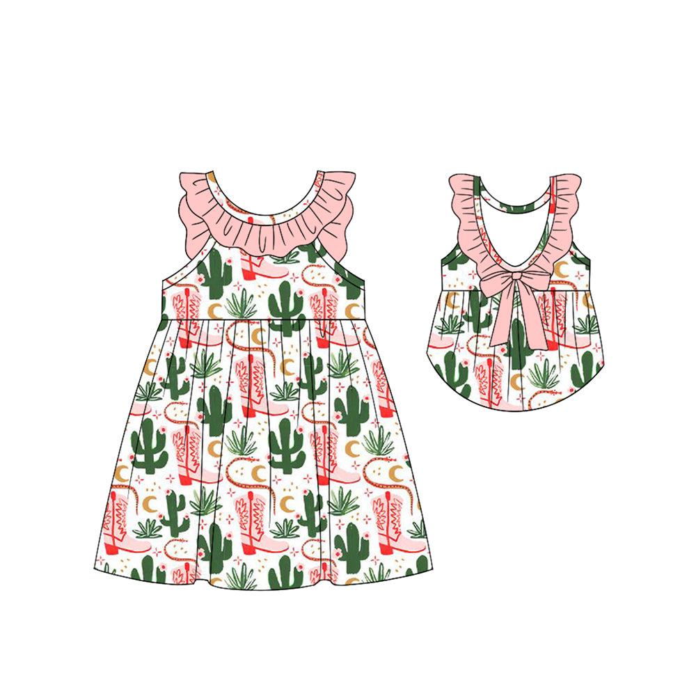Girls Cactus Themed Tunic Ruffle Shorts Outfit with Straps Booties - Cute Casual Children's Clothing Set