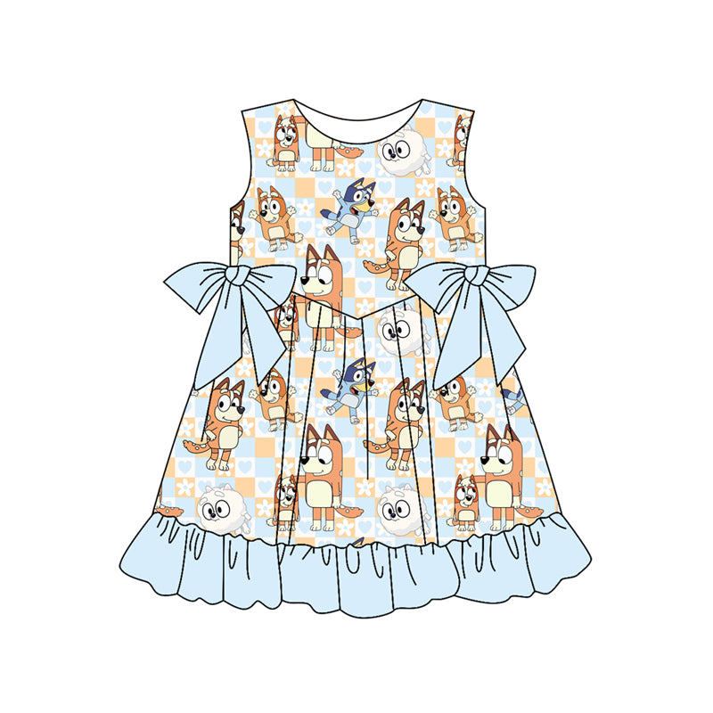 Light Blue Sleeveless Plaid Heart Girls Clothing Set Dog Pattern Children's Summer Outfit Girls' Fashionable Ensemble