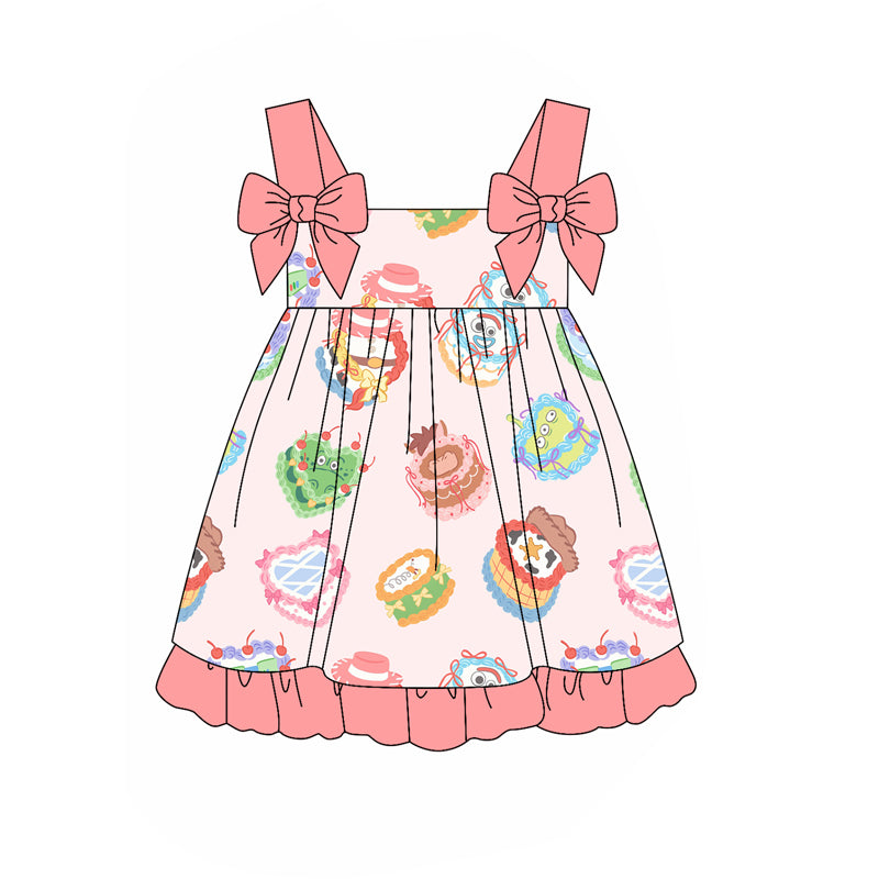 Girls Bow Strap Tunic Shorts Set Cute Toy Cake Print Top And Bottoms Children's Clothing Set for Girls