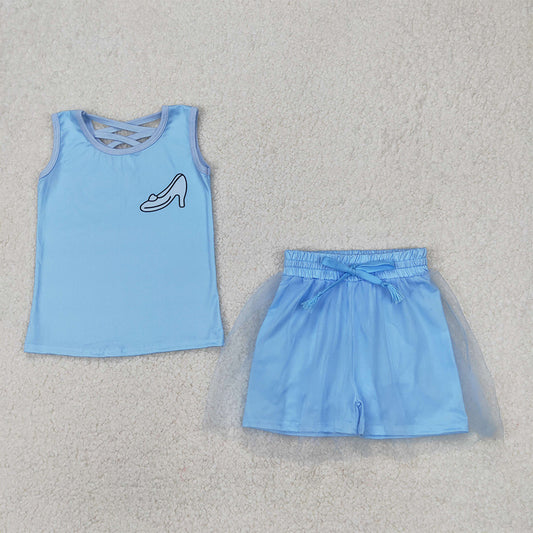 4.30 GSD2063  RTS NO MOQ Light blue sleeveless shoes princess top skirt girls clothes