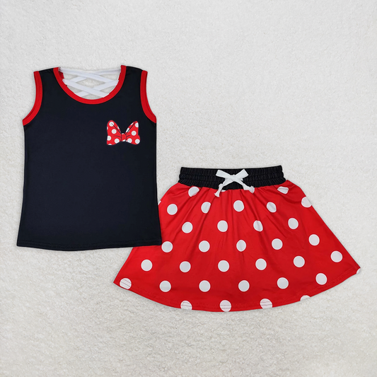 GSD2069RTS NO MOQ Baby Girls Skirt Sets Girls Black Polka Dot Sleeveless Bow Top Skirt Set Cute Casual Outfit for Kids
