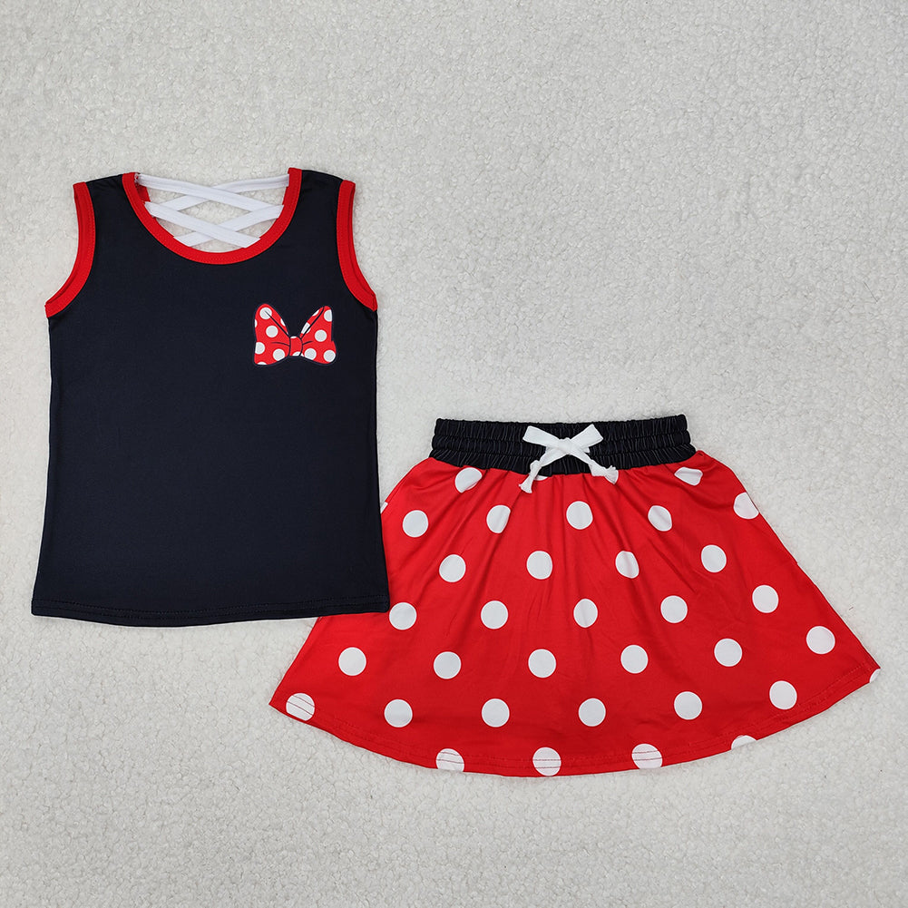 GSD2069RTS NO MOQ Baby Girls Skirt Sets Girls Black Polka Dot Sleeveless Bow Top Skirt Set Cute Casual Outfit for Kids