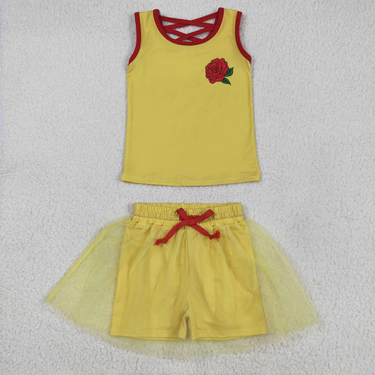 6.20 GSD2070RTS NO MOQ Baby Girls Skirt Sets Baby Girls Yellow Sleeveless Red Rose Top Tulle Skirt With Short Set