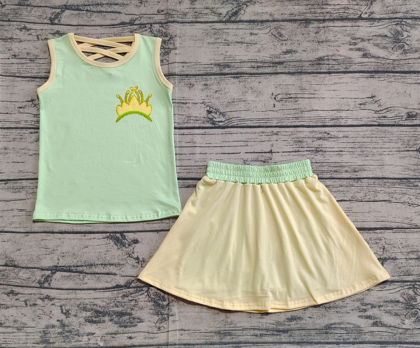 GSD2071Princess Girls Green Yellow Sleeveless Crown Top Skirt Set Cute Children's Clothing