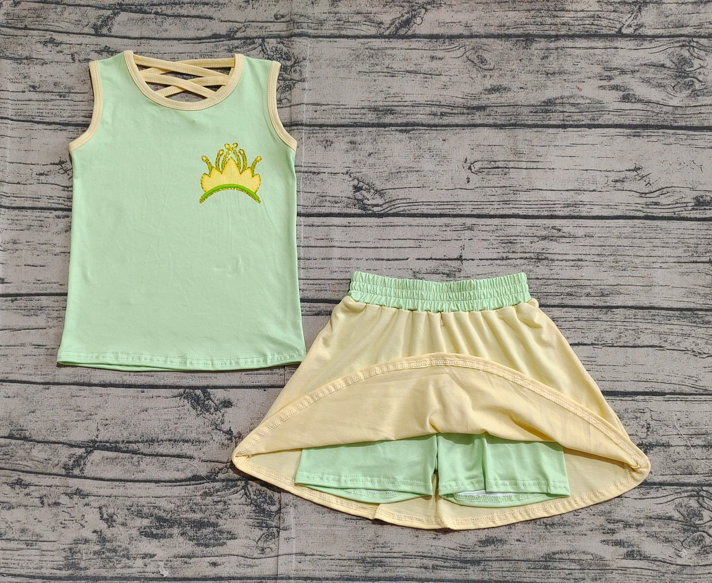 GSD2071Princess Girls Green Yellow Sleeveless Crown Top Skirt Set Cute Children's Clothing