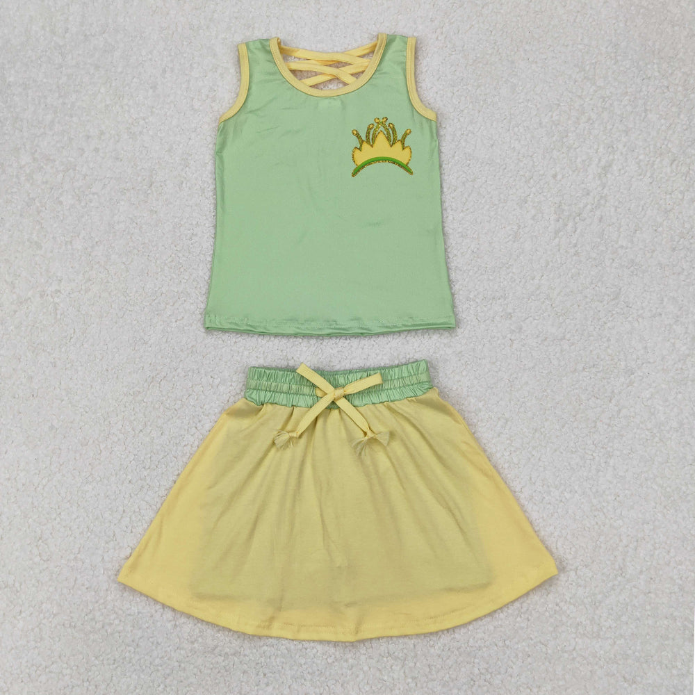 4.30 GSD2071  RTS NO MOQ Green yellow sleeveless crown top skirt princess girls clothes