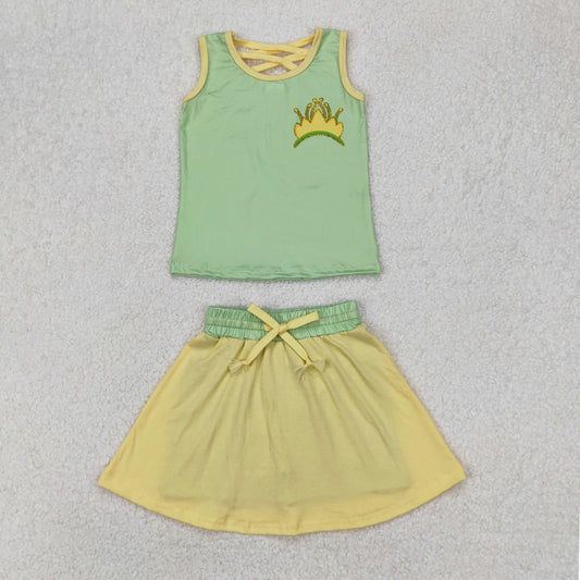 4.30 GSD2071  RTS NO MOQ Green yellow sleeveless crown top skirt princess girls clothes