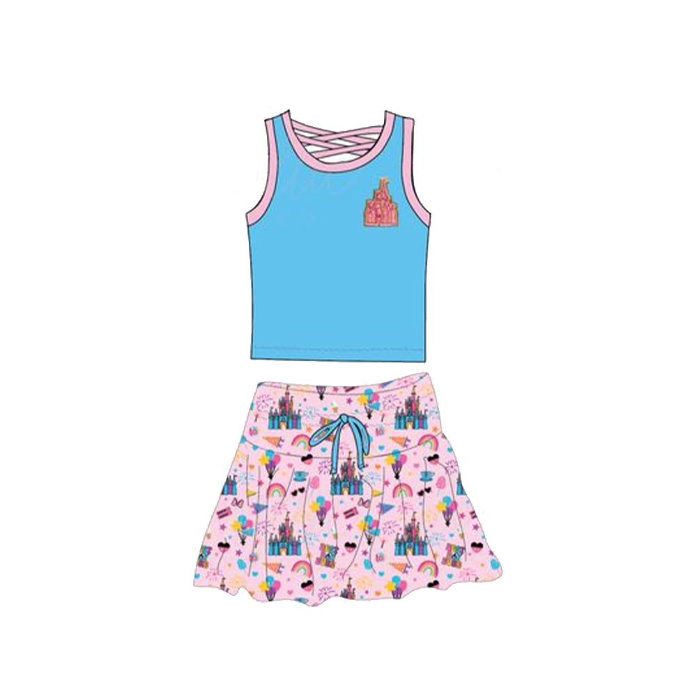 Blue Sleeveless Castle Print Top Skirt Set Toddler Girls Clothing Comfortable Lightweight Outfit for Little Princesses