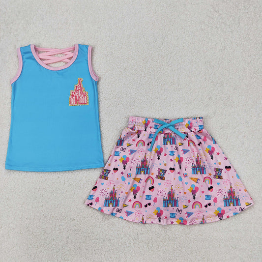 4.30 GSD2072  RTS NO MOQ Blue sleeveless castle top skirt toddler girls clothes