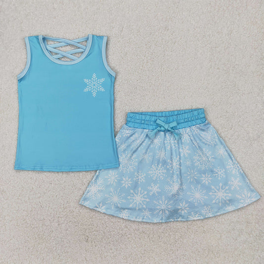 4.07 GSD2074 RTS NO MOQ Baby Girls Summer Outfits Light blue sleeveless snowflake top skirt princess girls clothes