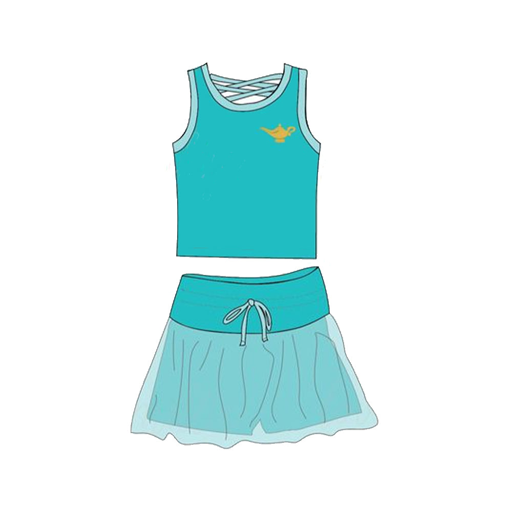 Blue Sleeveless Castle Print Top Skirt Set Toddler Girls Clothing Comfortable Lightweight Outfit for Little Princesses