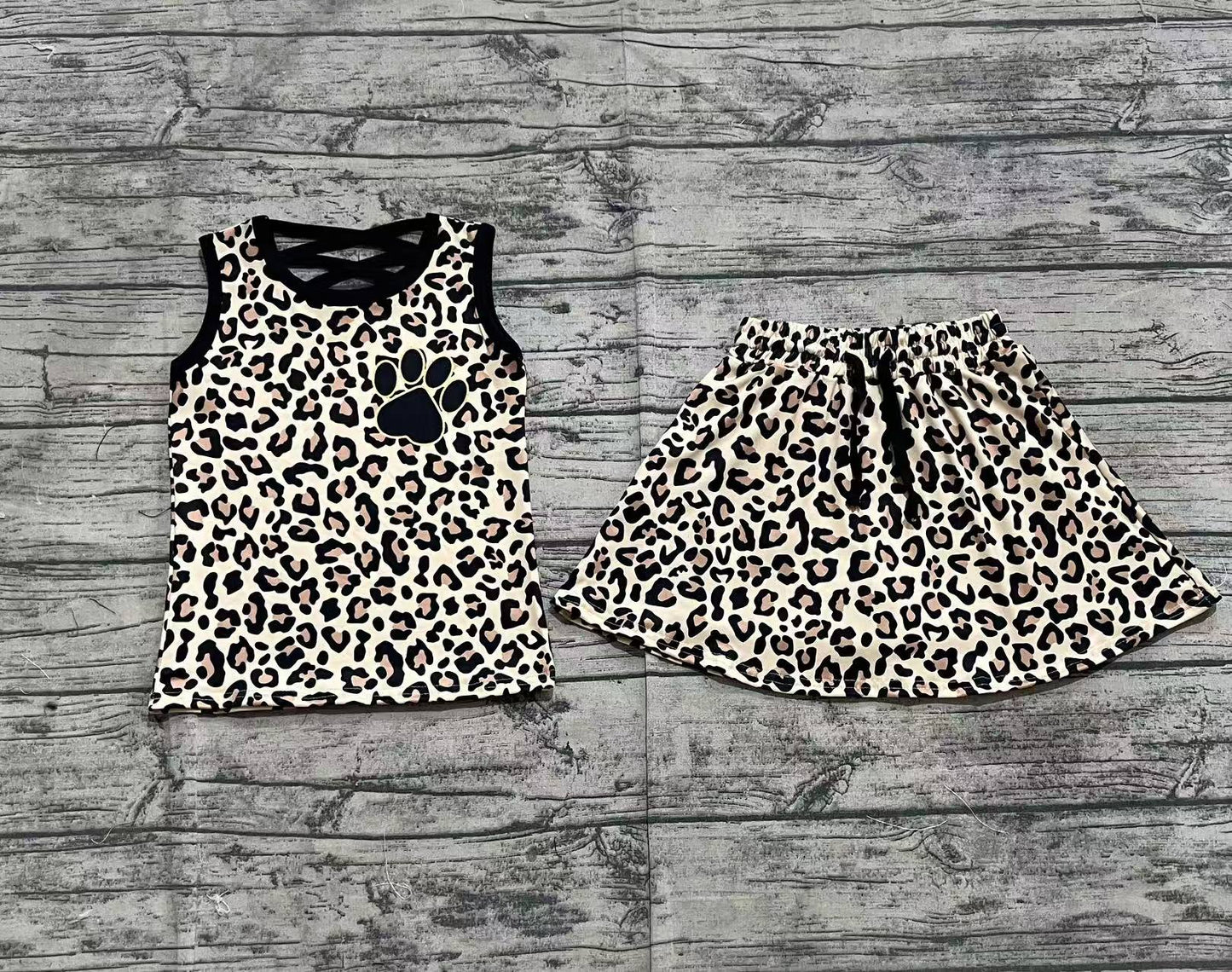 GSD2077Toddler Girls Sleeveless Leopard Print Top Skirt Set Cute Animal Patterned Outfit for Little Girls