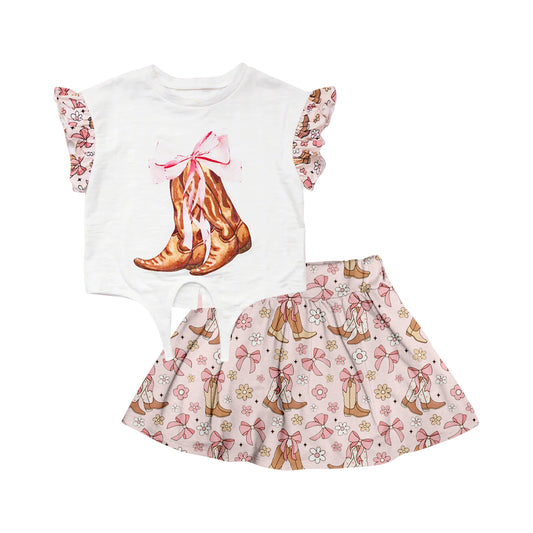 GSD2078Girls Western Clothing Short Sleeve Boot Top Skirt Set Cute Country Style Outfit for Kids