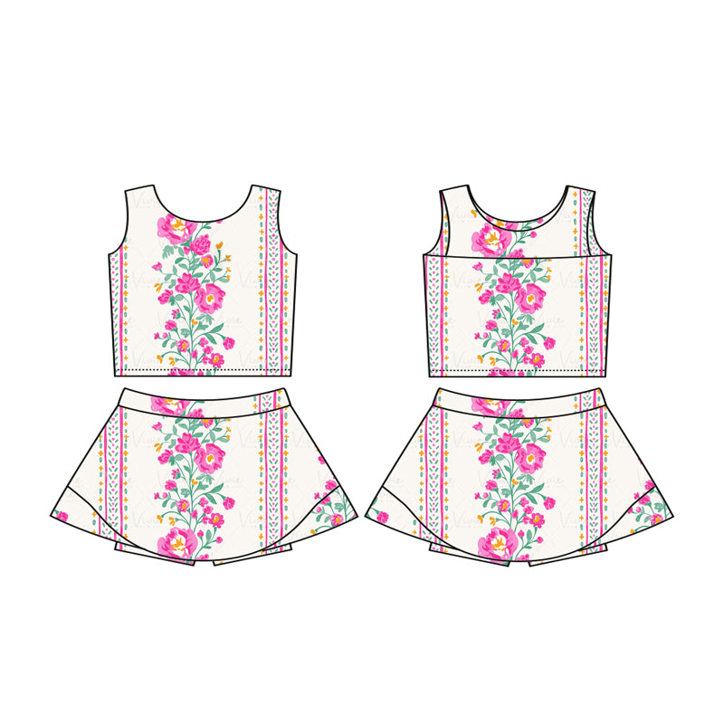 Trendy Sleeveless Floral Skirt Active Wear for Young Girls