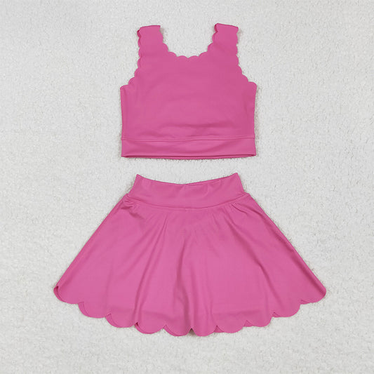 7.23  GSD2092 RTS NO MOQ Baby Girls Yoga Outfits Baby Girls Hot Pink Yoga Vest Skirt Active Wear Clothes Sets