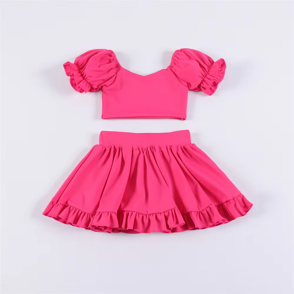 Cute Lavender Active Set for Little Girls - Short Sleeve Crop Top and Ruffle Trim Skirt