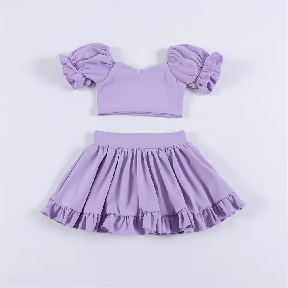 Cute Lavender Active Set for Little Girls - Short Sleeve Crop Top and Ruffle Trim Skirt