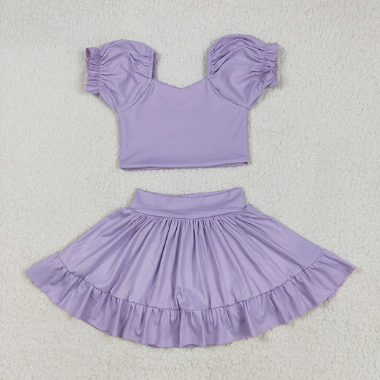 6.20 GSD2099RTS NO MOQ Baby Girls Yoga Outfits Baby Girls Lavender Short Ruffle Sleeves Top Skirt Yoga Set