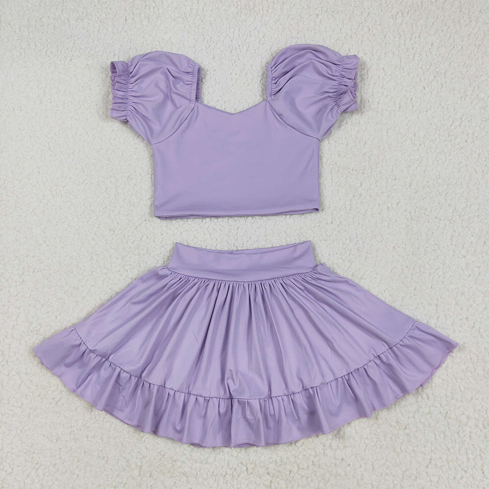 7.02 RTS NO MOQ Lavender short sleeves crop top ruffle skirt girls active set