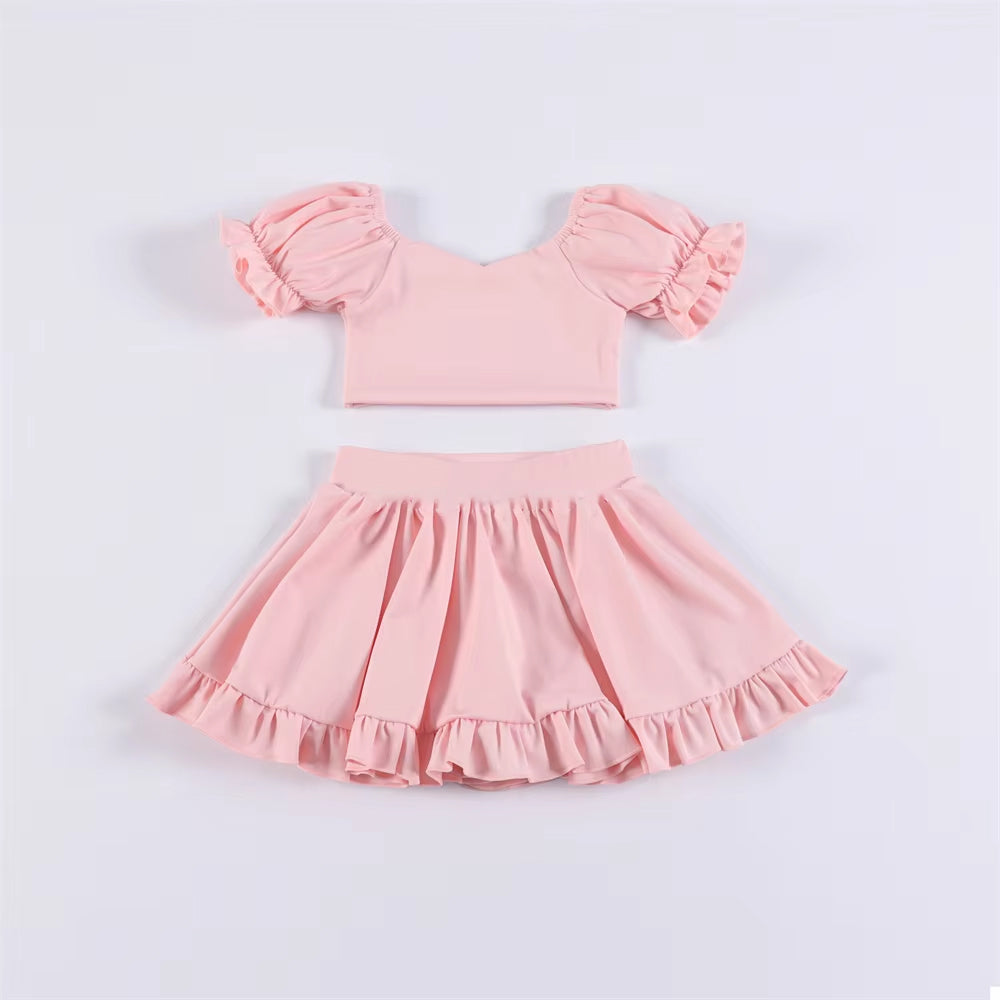 Cute Lavender Active Set for Little Girls - Short Sleeve Crop Top and Ruffle Trim Skirt