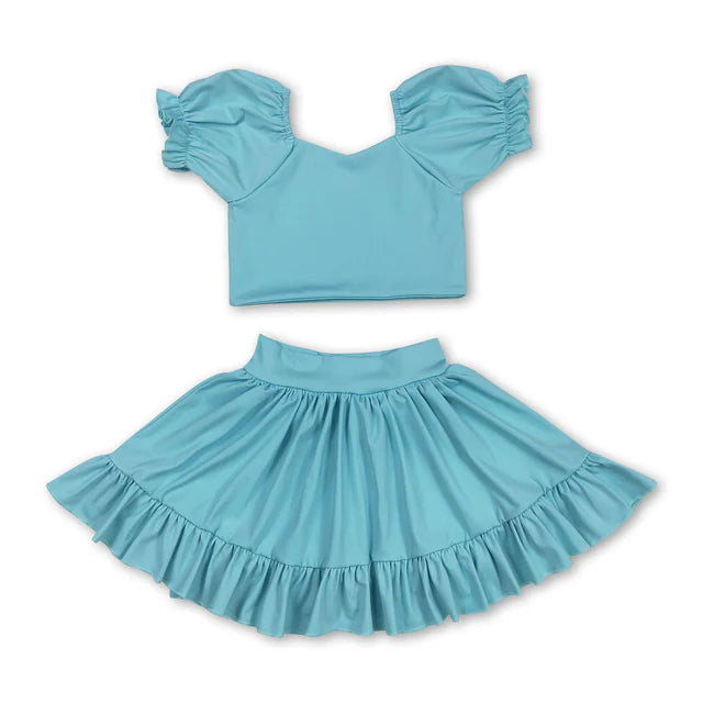 RTS Sibling Pink short sleeves crop top ruffle skirt girls active set