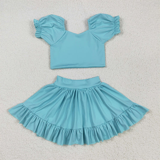 7.19  GSD2101 RTS NO MOQ Baby Girls Yoga Outfits Baby Girls Aqua Yoga Shirt Skirt Active Wear Clothes Sets