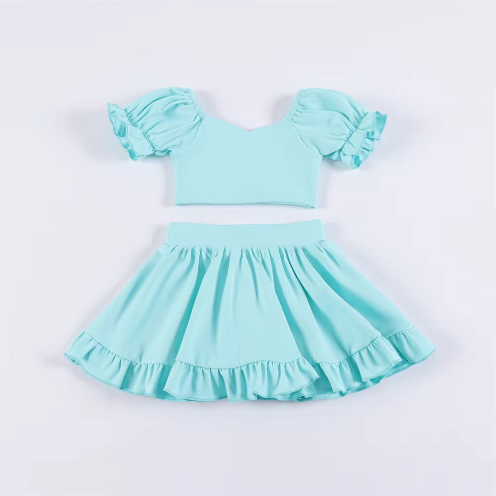 Cute Lavender Active Set for Little Girls - Short Sleeve Crop Top and Ruffle Trim Skirt
