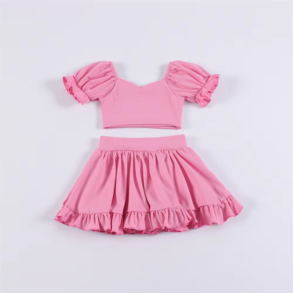 Cute Lavender Active Set for Little Girls - Short Sleeve Crop Top and Ruffle Trim Skirt