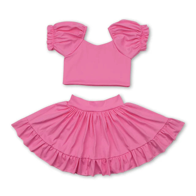 RTS Sibling Pink short sleeves crop top ruffle skirt girls active set