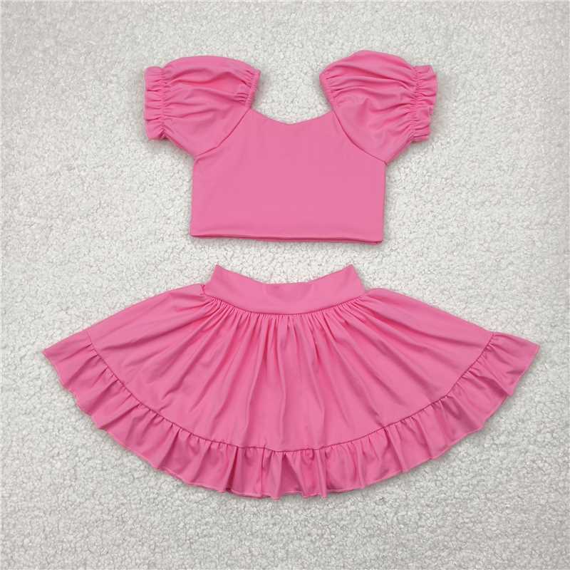 7.02 RTS NO MOQ Lavender short sleeves crop top ruffle skirt girls active set