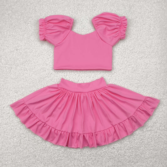7.19 GSD2102 RTS NO MOQ Baby Girls Yoga Outfits Baby Girls Pink Yoga Shirt Skirt Active Wear Clothes Sets
