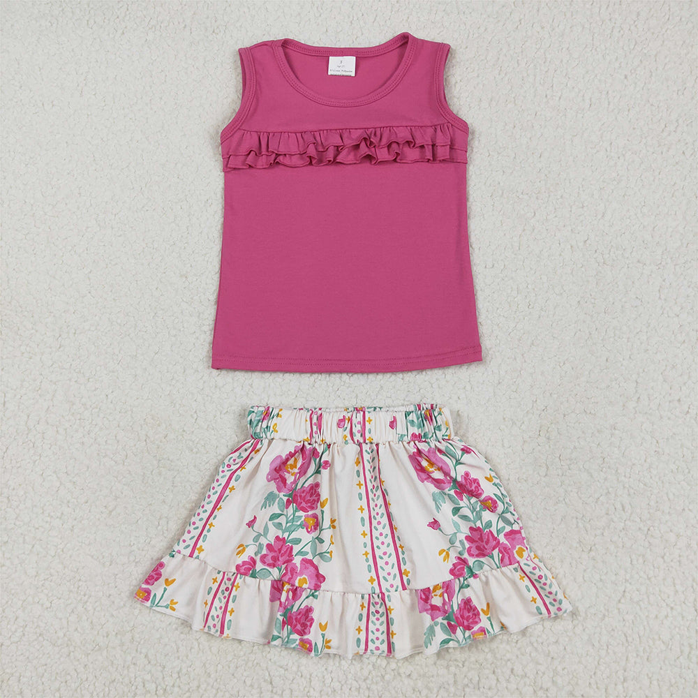7.15 GSD2104RTS NO MOQ Baby Girls Summer Outfits Baby Girls Hot Pink Sleeveless Top Ruffle Floral Stripe Skirt Set