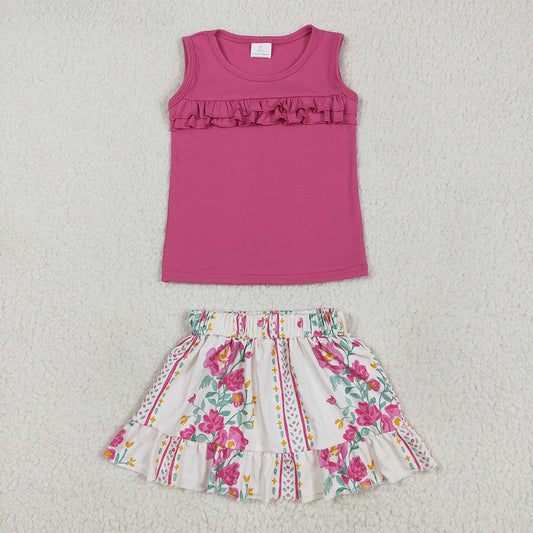 7.15 GSD2104RTS NO MOQ Baby Girls Summer Outfits Baby Girls Hot Pink Sleeveless Top Ruffle Floral Stripe Skirt Set