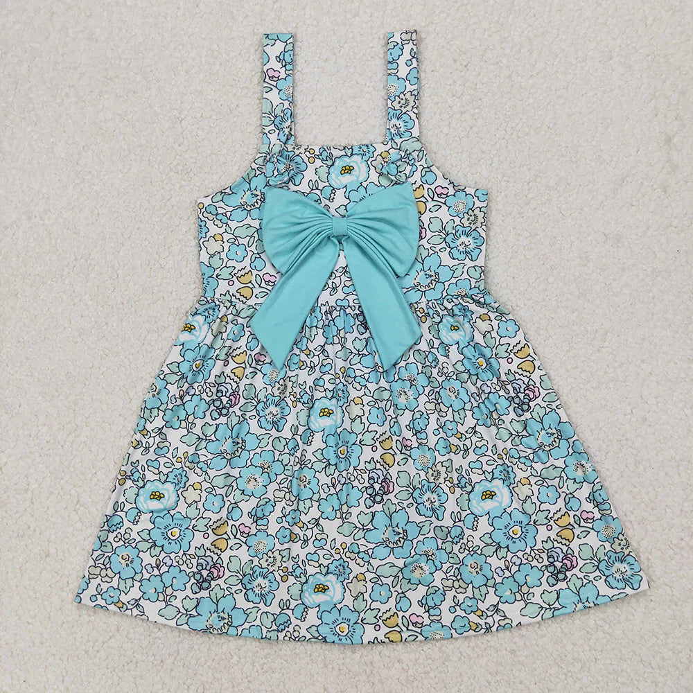 12.1 RTS Sibling Baby Girls Blue Flowers Big Bow Rompers Dresses