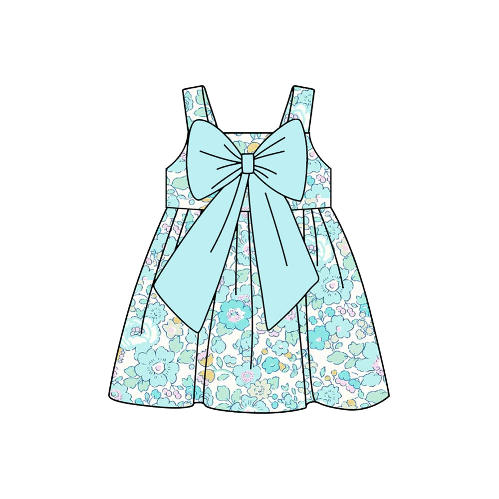 Baby Girl Blue Flower Big Bow Knee-Length Dress Romper