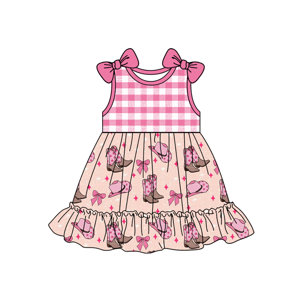 Girls’ Charming Short-Sleeved Outfit in Pink, with Western Boots, Hat and Bow