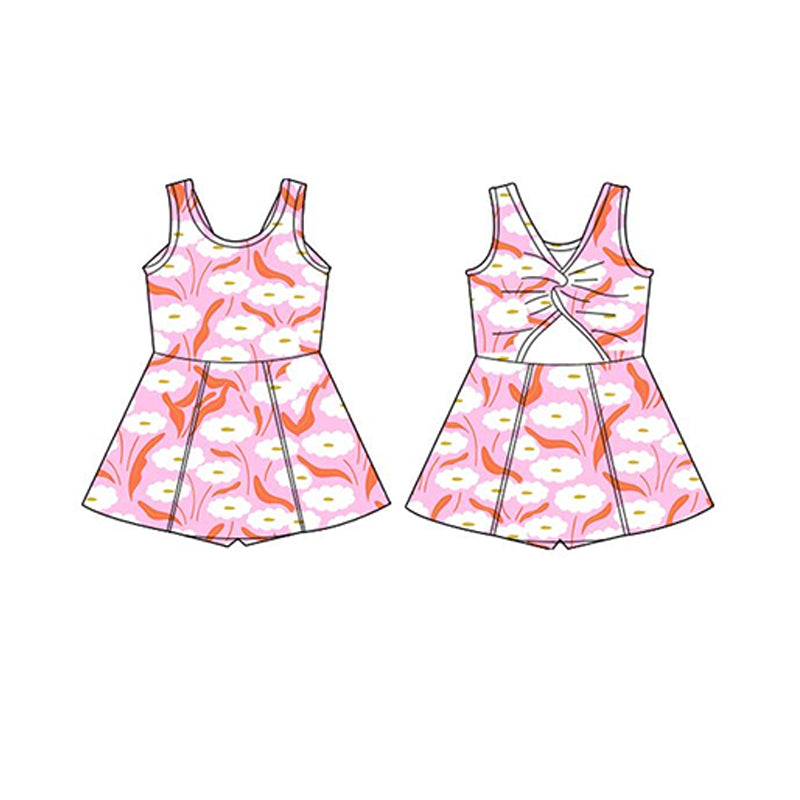 Girls’ Charming Pink-White Floral Sleeveless Active Top with Matching Skirt