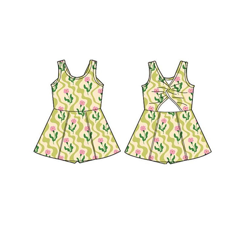 Girls’ Adorable Green-Pink Floral Sleeveless Top Skirt Outfit for Active Moments