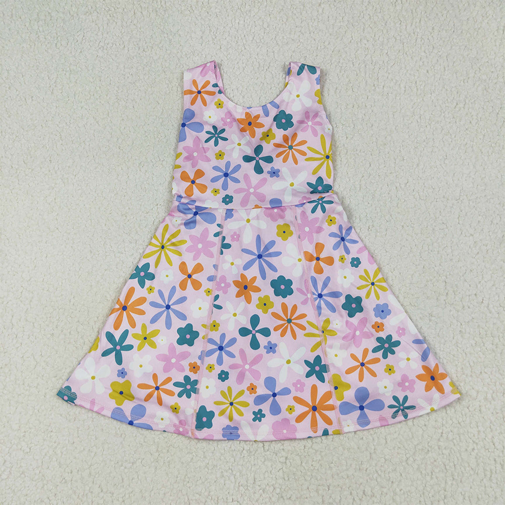 GSD2113 RTS NO MOQ Baby Girls Summer Yoga Dress Baby Girls Pink Colorful Flowers Yoga Active Wear Skort Knee Length Dresses