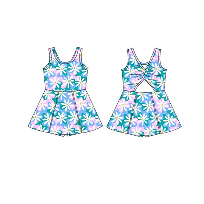 Delightful Light Blue Pink Floral Sleeveless Top and Skirt Set for Active Girls
