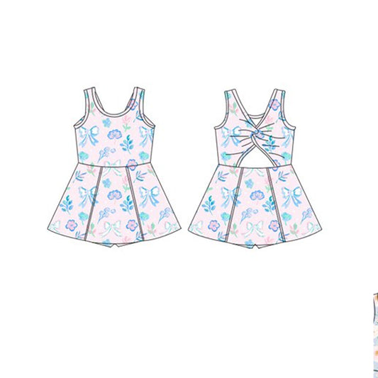 GSD2115Cute Sleeveless Pink Floral and Bow-Themed Athletic Dresses for Girls
